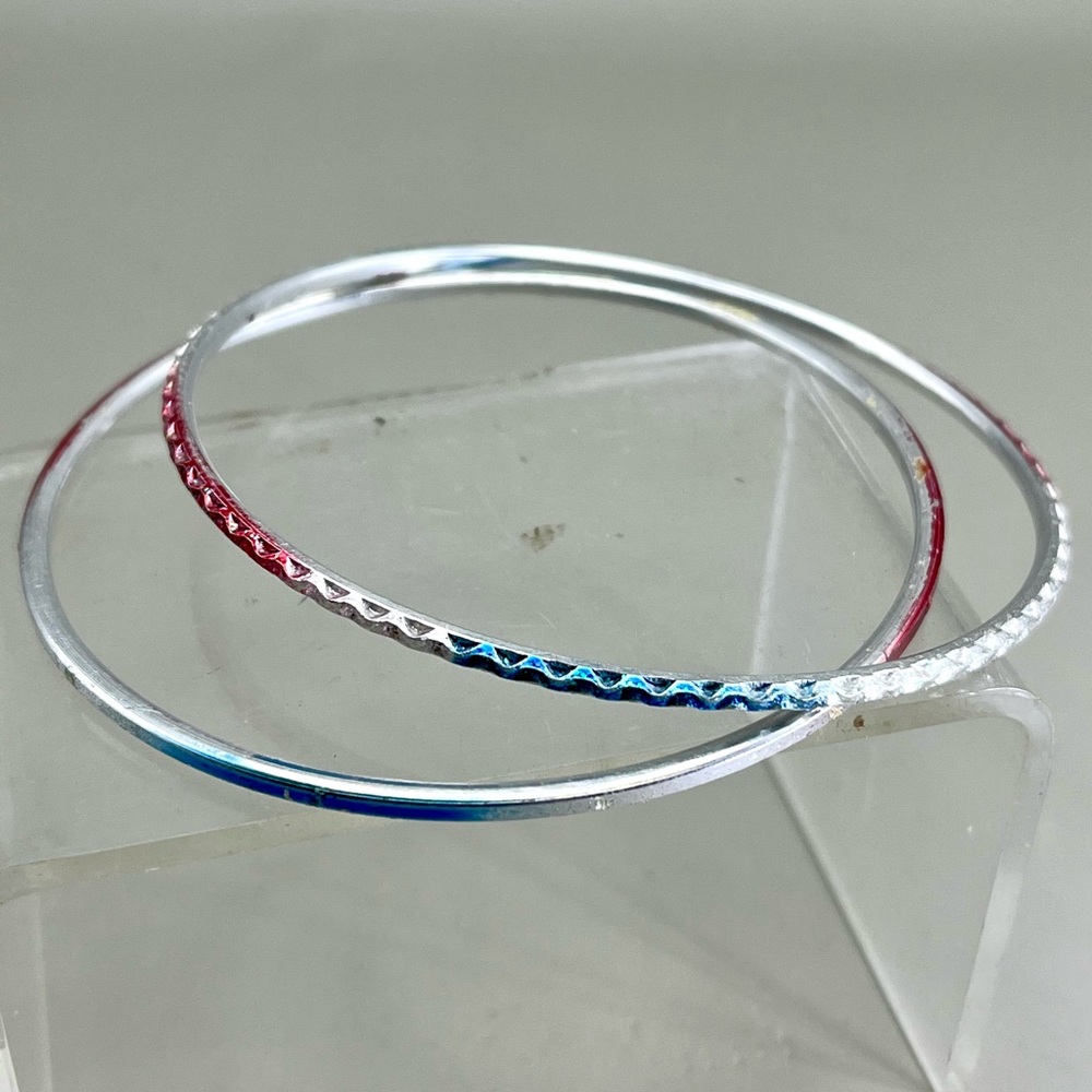 Modern Silver and Pink and Blue Bangle Bracelets